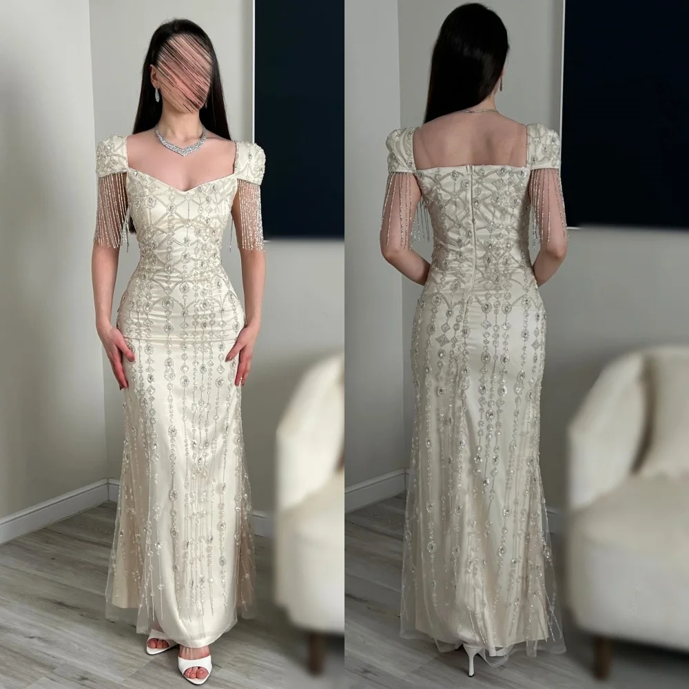 Maßgeschneiderte luxuriöse, glitzernde formelle Abendkleider mit Quasten und Glitzer, V-Ausschnitt, Trompeten-Midikleider, elegante Party- und Hochzeitskleider von hoher Qualität