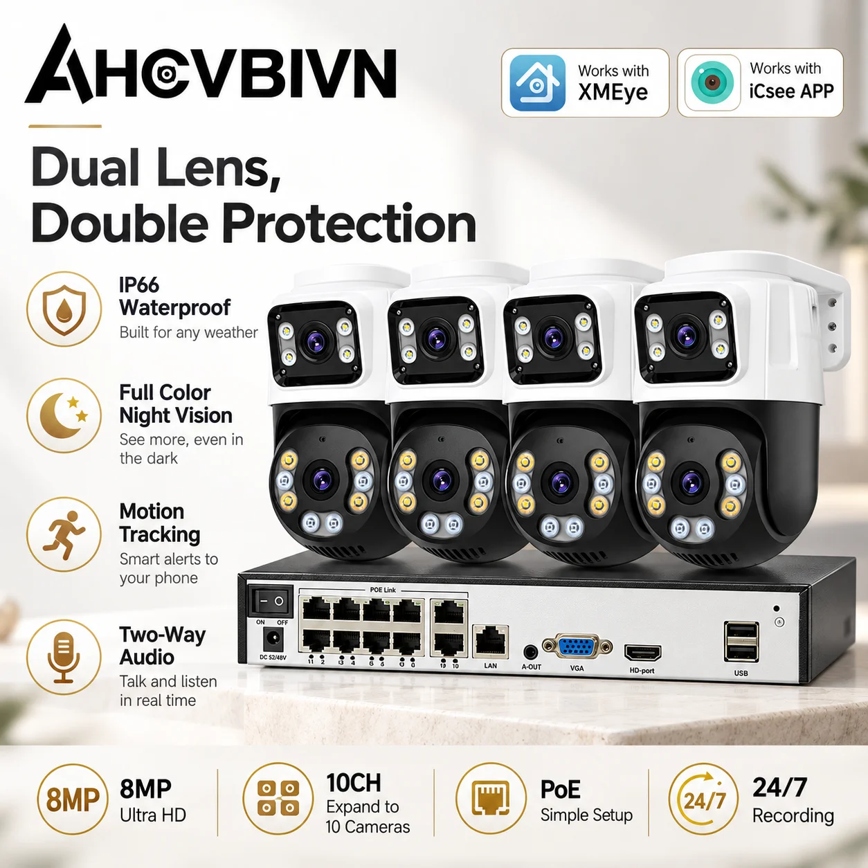8MP POE PTZ IP Camera Dual Lens Screen Outdoor Home Security System With Two-Way Audio 10CH 4K POE NVR Kit ICsee XMeye
