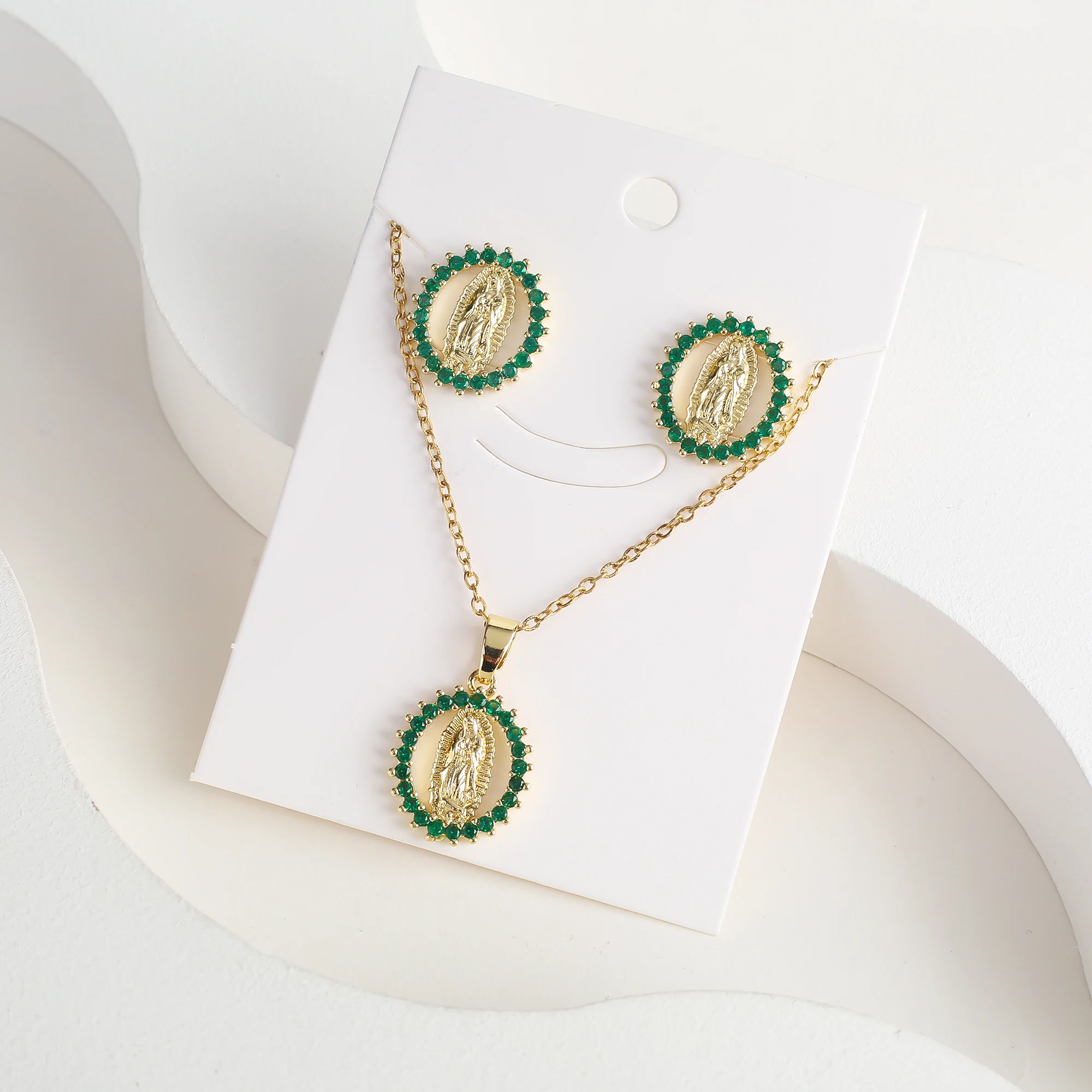 Classic Anti-Allergic Maria Pendant Necklace Set High Quality Zirconia 18K Gold Plated Stud Earrings Women Girls Religious Gifts