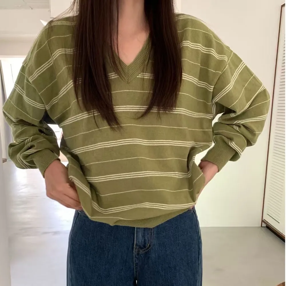 Maglione lungo a righe Sve lavorato a maglia chic V-Ne per donna T-shirt vintage Lazy Sle Fre Age-Defng Top casual Faion