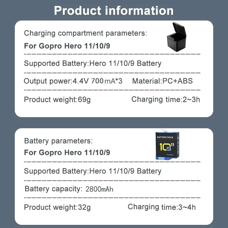 Akumulator 2800mAh dla GoPro Hero 11 10 9 10 9 bateria z etui na akcesoria do aparatu GoPro 9 10 11