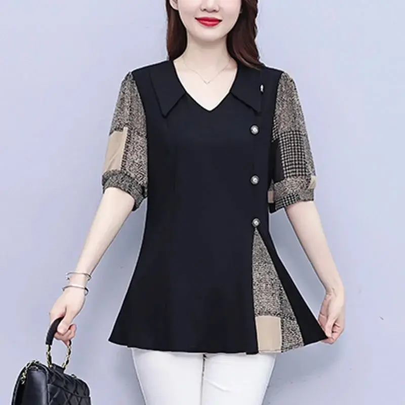 

Loose ort Sve Doll Collar Patchwork irt for plus Size Women Comfortable Breathable Casual Faion High End Top