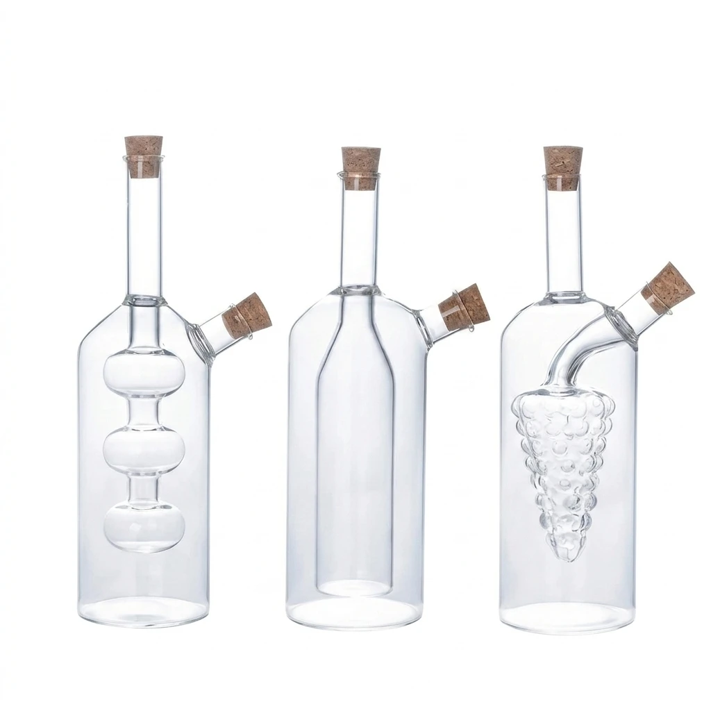 2-in-1 Glass Oil Dispenser Bottle Dual Chamber Olive Oil Vinegar Cruet Set with Cork Stopper Kitchen Seasoning Storage Jar