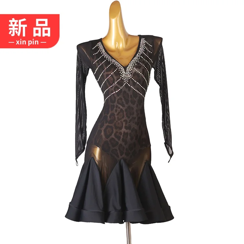 

Leopard Patterned Latin Performance Competition Dress With Diamond Embellishments Rumba Samba Dance Three Step New