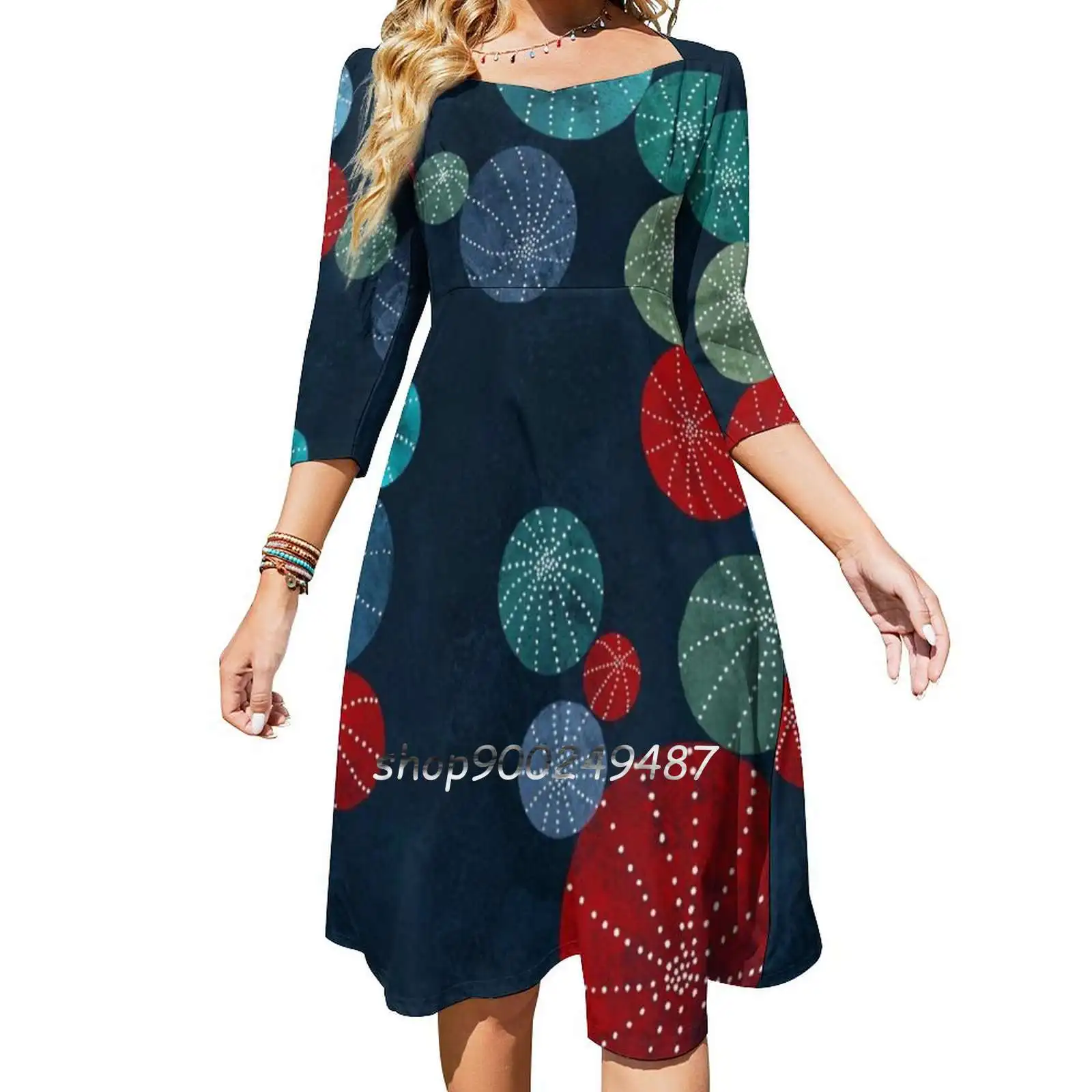 

Colorful Cactus Field Flare Dress Square Neck Dress Elegant Female Fashion Printed Dress Cactus Cacti Colorful Indigo Deep Blue