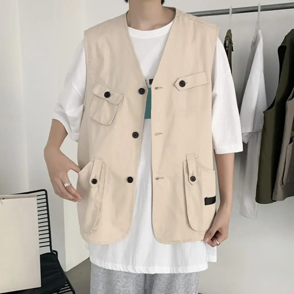 

Sports Vest Coat Men Cargo Waistcoat Solid Color Men's Sleeveless Waistcoat with Multi Pockets Stylish Collarless for Outdoor