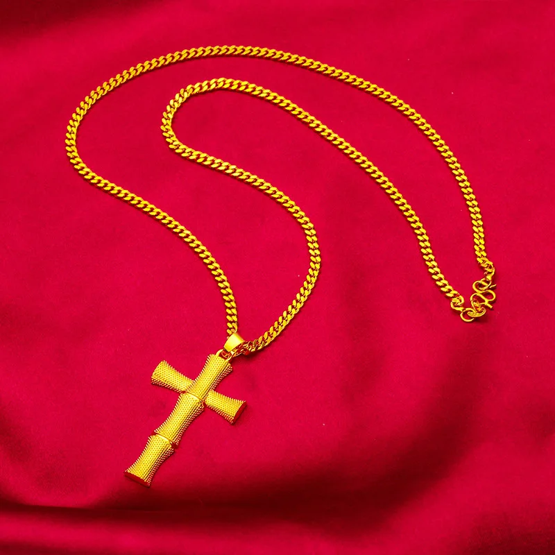 

Cross Necklace for Women, 24K Gold, AU999 Polished 3D cross with diamonds on delicate chain, elegant for daily faith expression