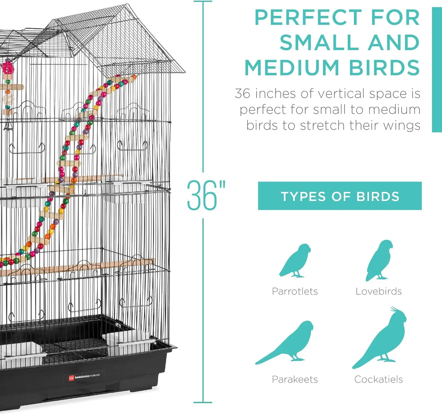 36in Indoor/Outdoor Iron Bird Cage for Medium Small Birds Parrot Lovebird Finch Parakeets Cockatiel Enclosure w/Removable Tray