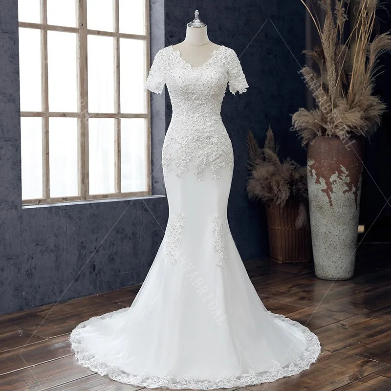 Vestido de novia clásico de sirena con Apliques de encaje para mujer, cuello en V, manga corta, elegante, con cordones en la espalda, TSWD655