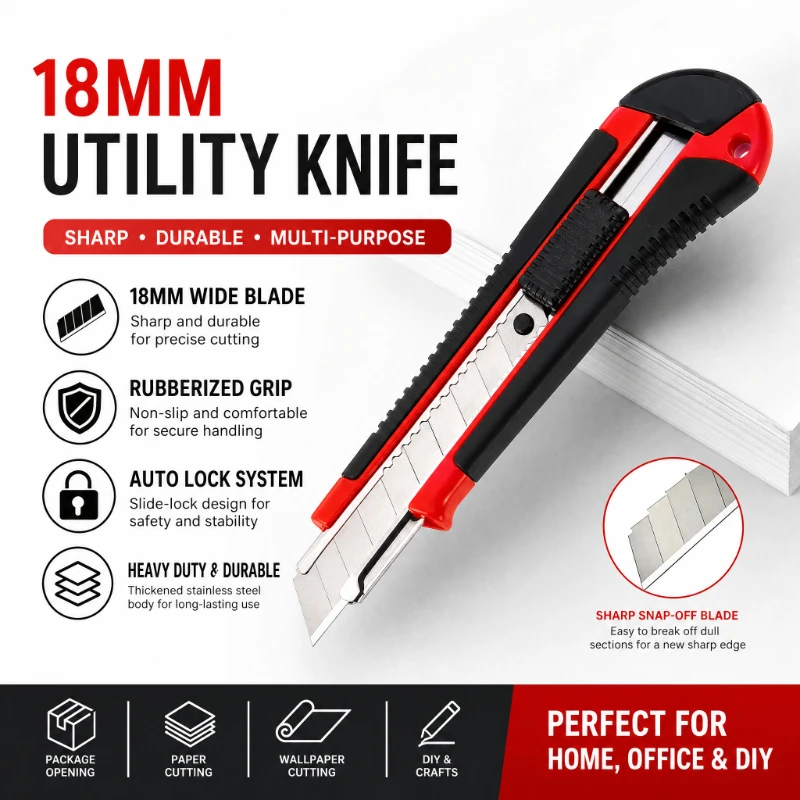 Retractable Box Cutter 18mm Wide Blade Anti-slip Handle Utility Knife for Carton Wallpaper Paper Cutting
