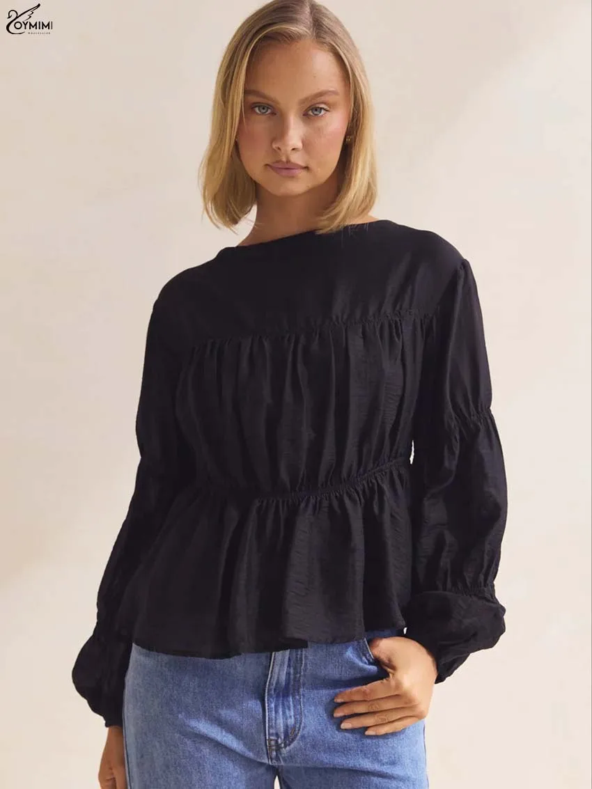Oymimi Fashion White O-Neck Women's Blouse Elegant Long Sleeve Pleated Loose Blouses Autumn New Solid Female Blouse Streetwear