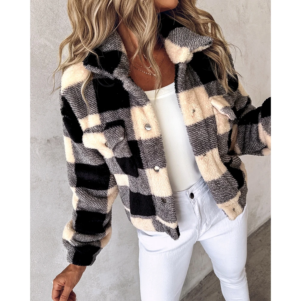 Autumn Winter Casual Women Plaid Print Colorblock Fleece Teddy Coat Femme Pocket Design Turn-down Collar Jackets