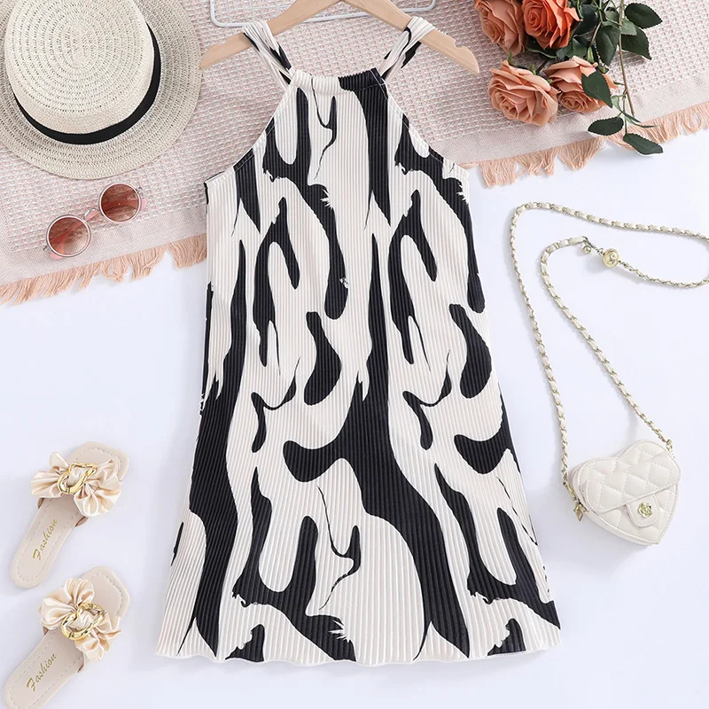 Girl Dress Summer New Sweet Vintage Black Patterned Dress Striped Knee-Length Skirt Casual Vacation Party Holiday Outifits