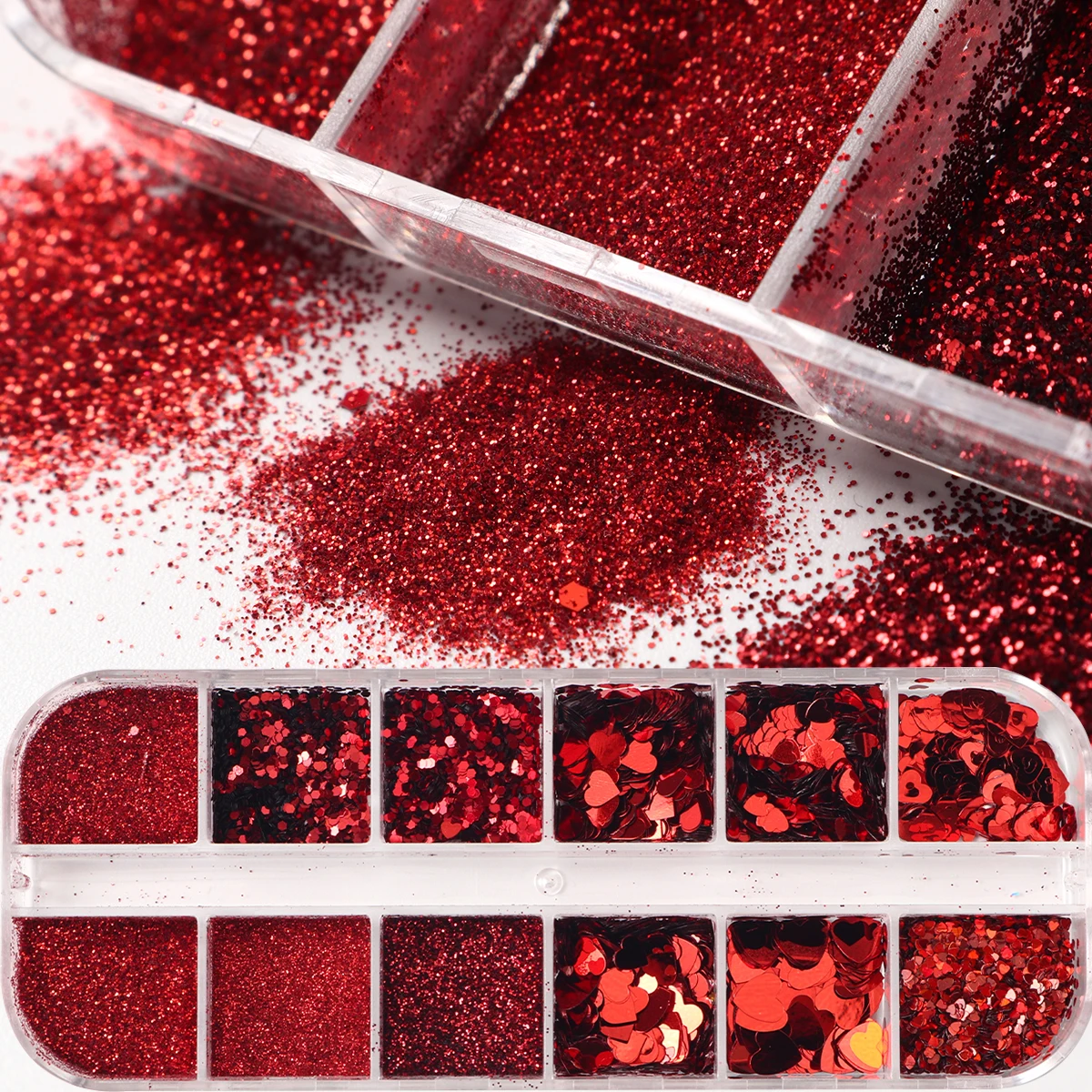 12 Grids Red Heart-Shaped Nail Glitter Sequins, Holographic Red Love Nail Charms Nail Powder, Pigment for Valentine'S Day & New