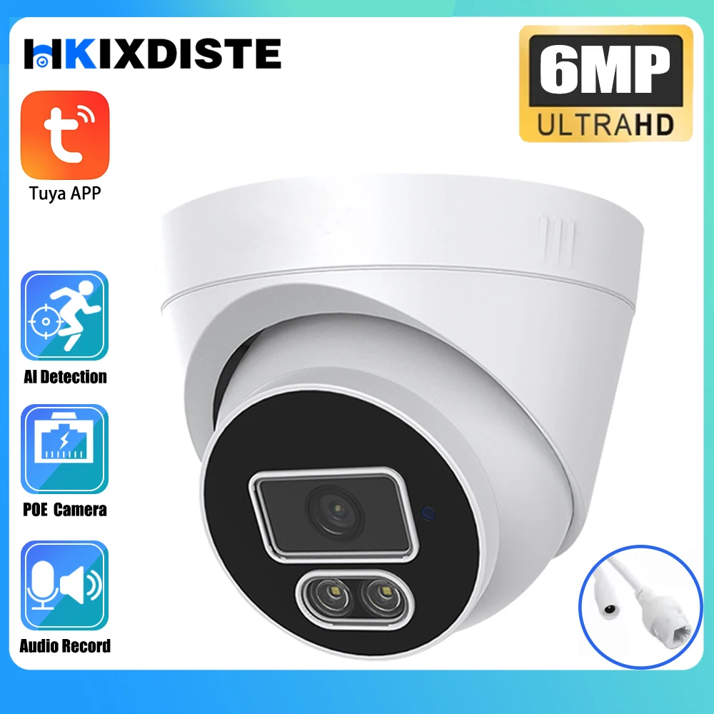 

6MP POE Dome IP Camera Outdoor Two-Way Audio Recorder H.265 AI Human Detection Color Night Vision CCTV Surveillance Tuya Camera