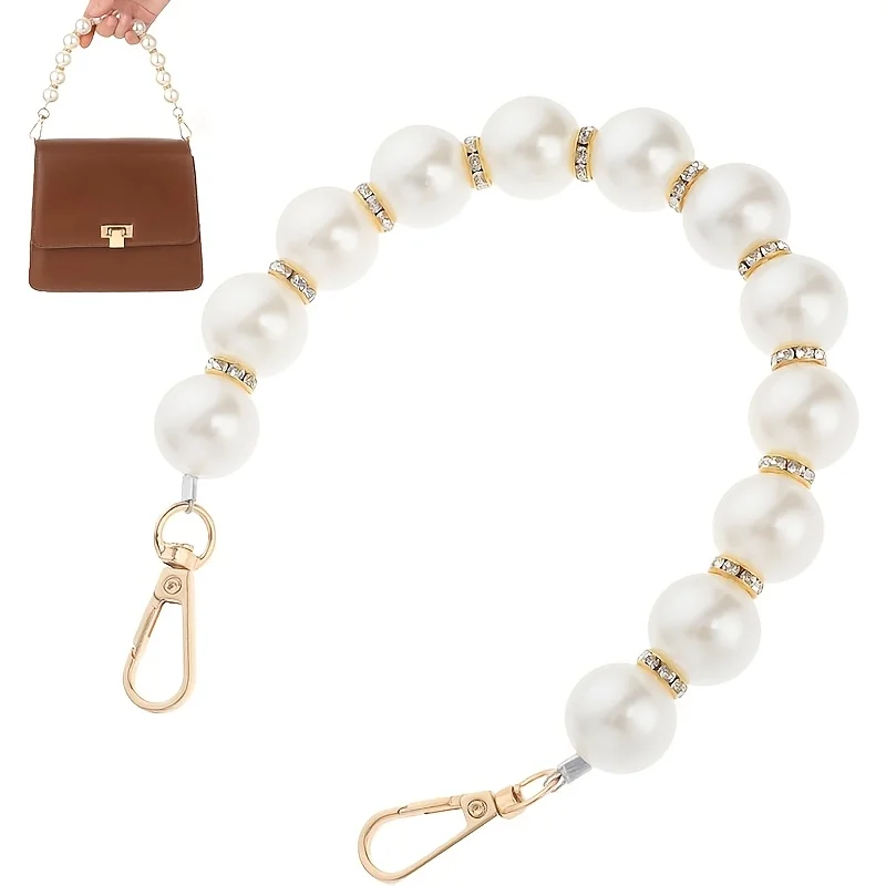 Pearl Bag Charm, Elegant Bead Pearl Handle Strap Chain Imitation Pearls Purse Charms Chain with Golden Swivel Clasps