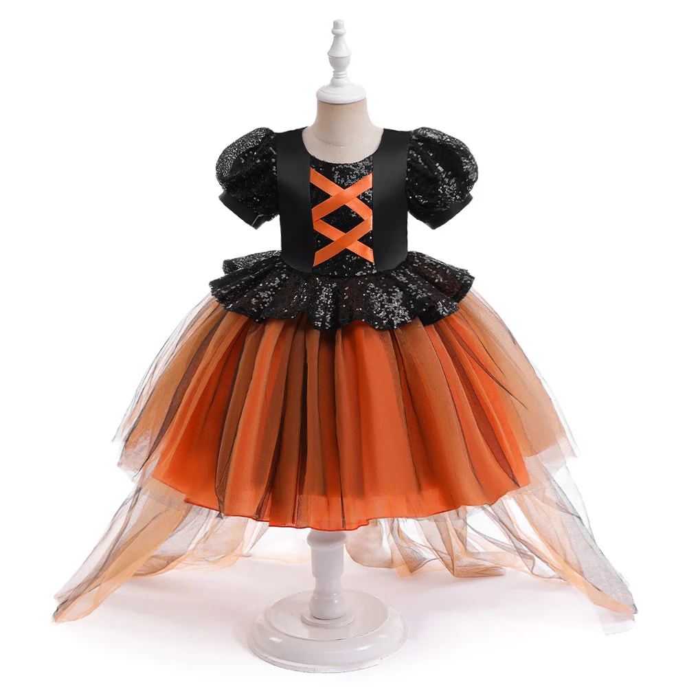 Witch Halloween Costumes for Girls Kids Princess Bubble Sleeve Pumpkin Mesh Carnival Party Dress Disguise Scary Cosplay Children