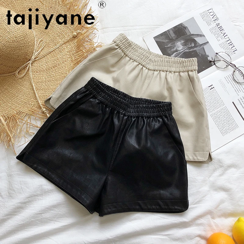 TAJIYANE Lederen Shorts Vrouw Hoge Taille Echte Schapenvacht Baggy Korte Broek Mode Lente Vrouwen Kleding 2025 шорти