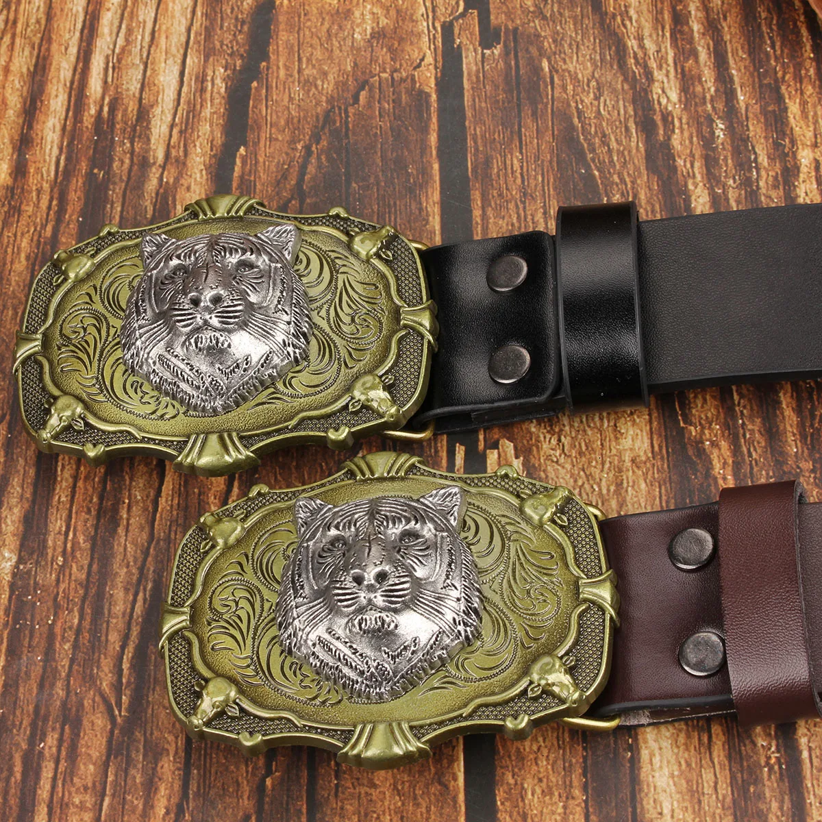 メンズ・レディースのカジュアルレトロベルト、ウエスタンスタイル！ タイガーヘッドメタルバックル付きPUベルト、日常の作業着に最適