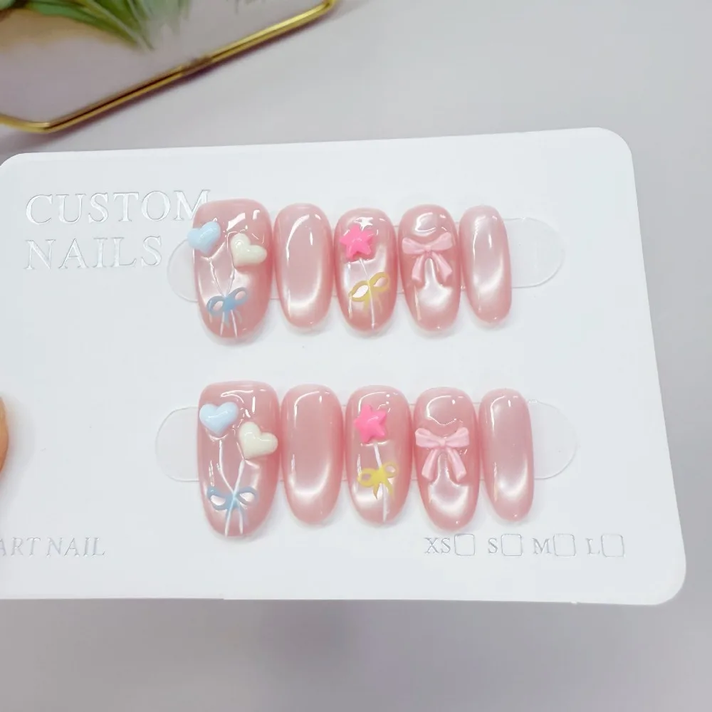 10 pièces doux mignon coeur étoiles arc-en-ciel ballons à la main presse sur les ongles rose coeur oeil de chat faux ongles amovibles réutilisables