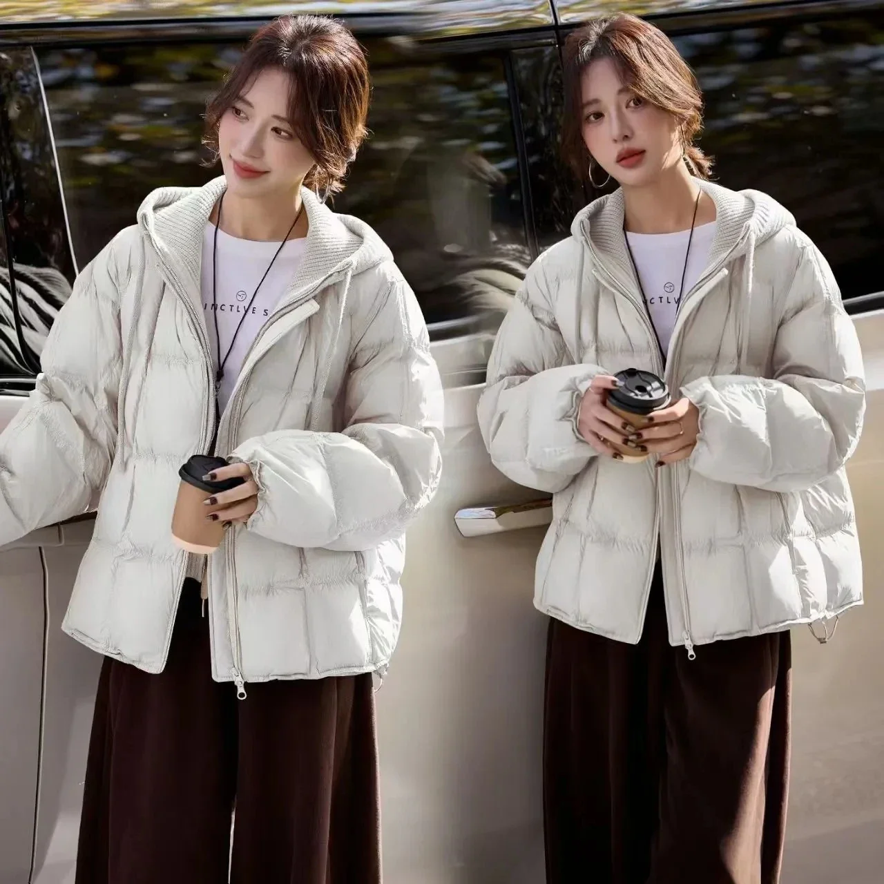 2026 Autumn/Winter New Korean Edition Loose Knitted Splicing Hooded Women's Short Cotton Warm Parker Coat Female Casual Jackets