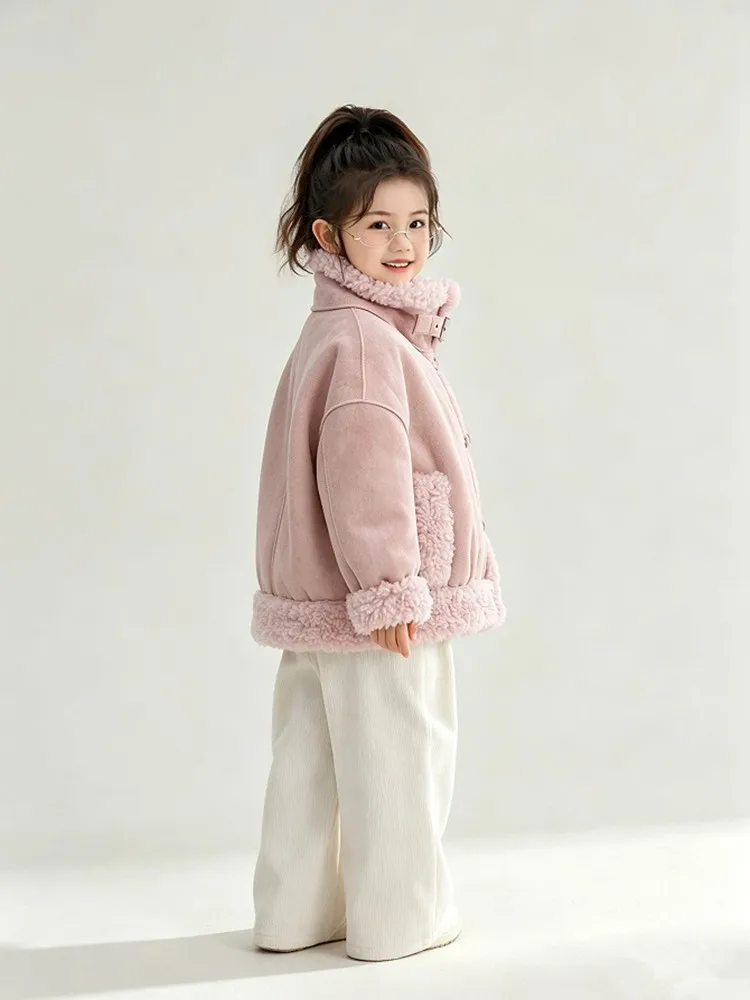 Mädchen Stehkragen Shearling-Mantel 2025 Neue Kinder-Kombinations-Lammwoll-Wildleder-Kurz-Motorradjacke Winter Warme Kinder-Oberbekleidung – Detail 8