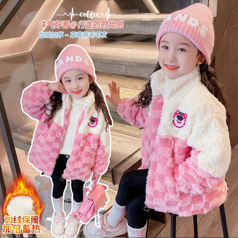 

Girly Heart MINISO Anime Kawaii Ins Fashion Strawberry Bear Sweater Coat Winter Cute Thickened Jacket Clothing Gifts for Kids