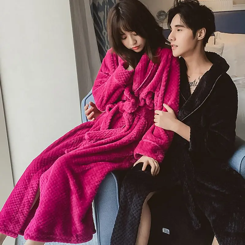 Flannel Couple Sleepwear Autumn Winter Warm Pajamas Large Size Nightgown Robe Long Sleeve Belt Coral Velvet Loungewear Bathrobe