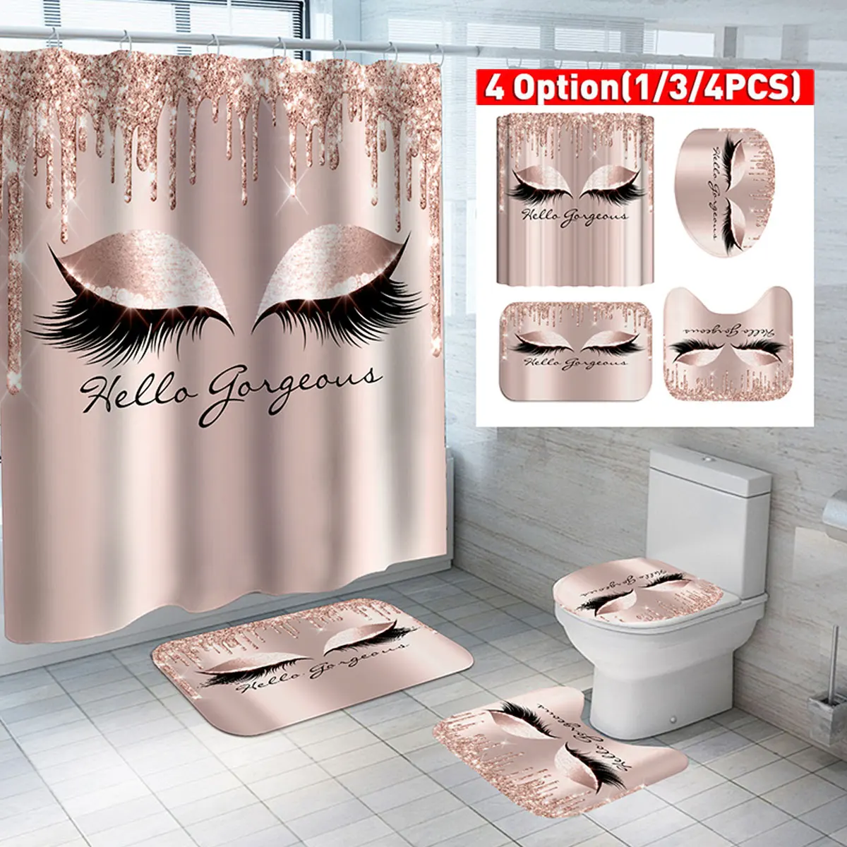 

Douchegordijn Set Rose Gold Wimper Make Waterdicht Badkamer Gordijnen Antislip Toilet Seat Cover Badmat Set Bad kamer Tapijten