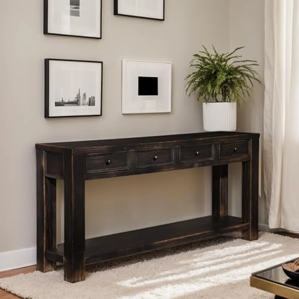 Signature Design by Ashley Gavelston Sofa Table, Couch Table with Drawers & Shelf, Hand-Finished Wood Console for