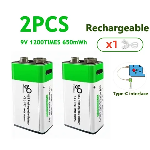9V Lithium Ion Rechargeable Battery Type-C USB Battery 9V Multimeter Lithium Microphone Metal Detector Cable Remote