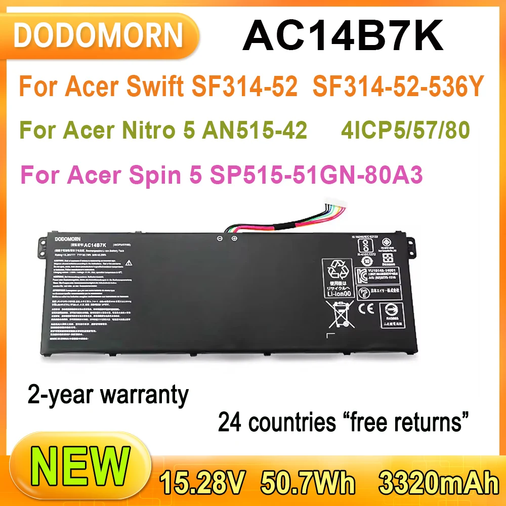 

New AC14B7K Laptop Battery For Acer Nitro 5 AN515-42 Swift SF314-52 Spin 5 SP515-51GN SP515-51GN-80A3 SF314-52-57D7/8621/59BN