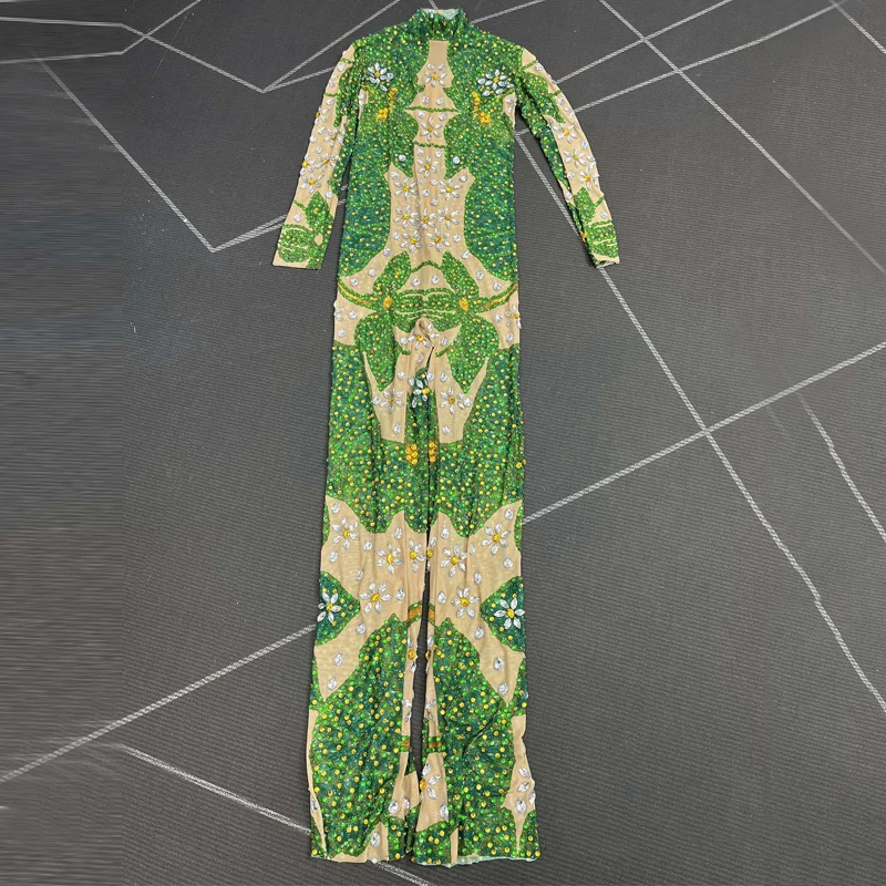 Jour de noël vert strass combinaison femmes Halloween discothèque DJ tenue Sexy pôle danse vêtements scène Rave porter XS10588