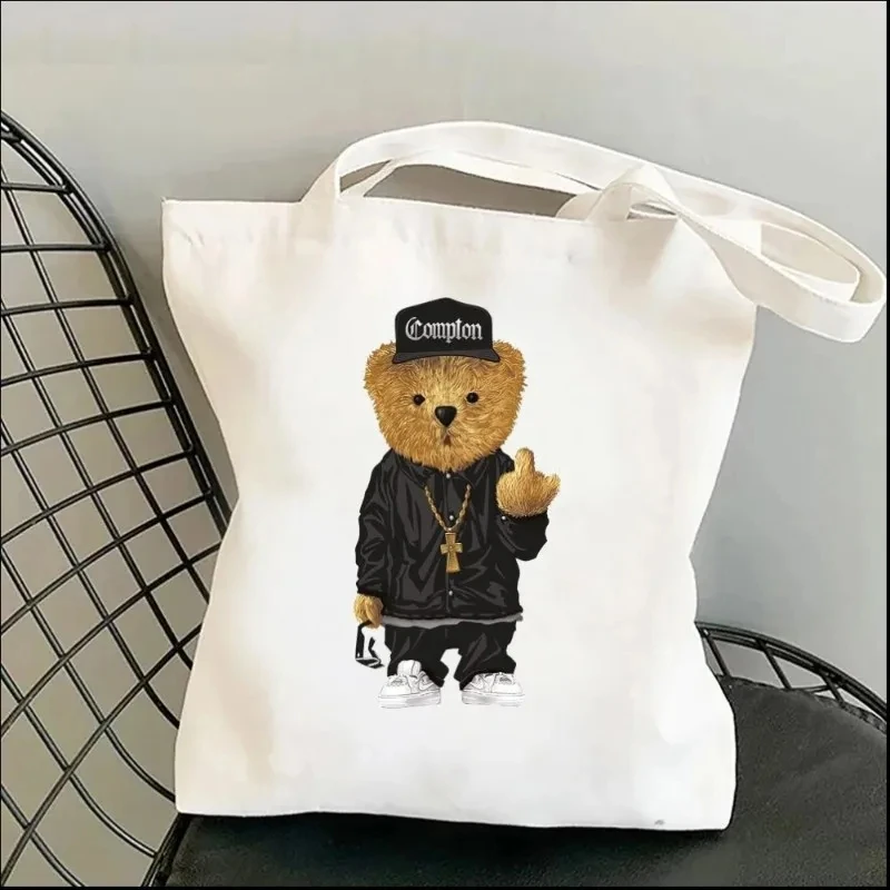 Fashion Cute Bear Ladies Canvas Handbag Fashion Shoulder Bag Eco-friendly Large Capacity Portable Travel Shopping Bag Gift