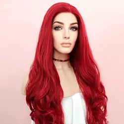 Pelucas de cabello sintético ondulado al agua para mujeres blancas, Color rojo Natural, largo, encaje frontal, sin pegamento, 180de densidad, fibra de alta temperatura