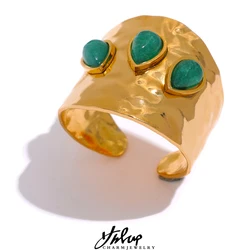 Yhpup Green Natural Stone Stainless Steel 18k Gold Plated Metal Fashion Wide Ring Charm Texture Waterproof Jewelry for Women