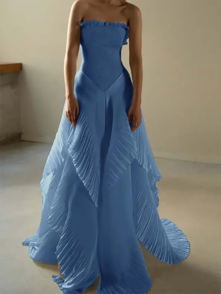 

Classic Chiffon Strapless Tiered Lace Up A-Line Formal Evening Dresses Birthday Party Prom Gowns Customized