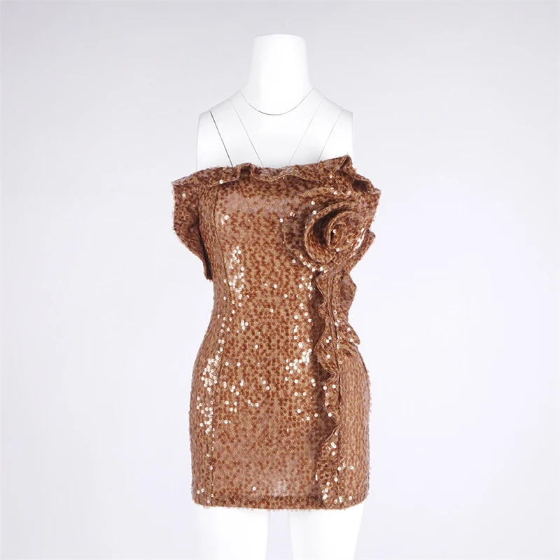 Summer New Women's Brown Sequin Evening Dress Y2K High Quality 3D Floral Decoration Lace-Up Back Slim Fit Gown