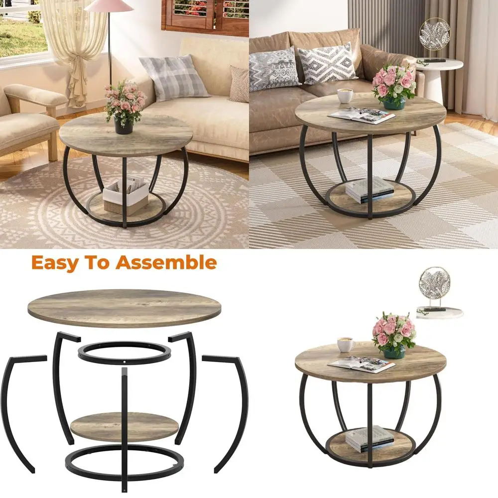 

Modern Grey Wash 2-Tier Small Circle Coffee Table with Adjustable Feet for Compact Living Spaces