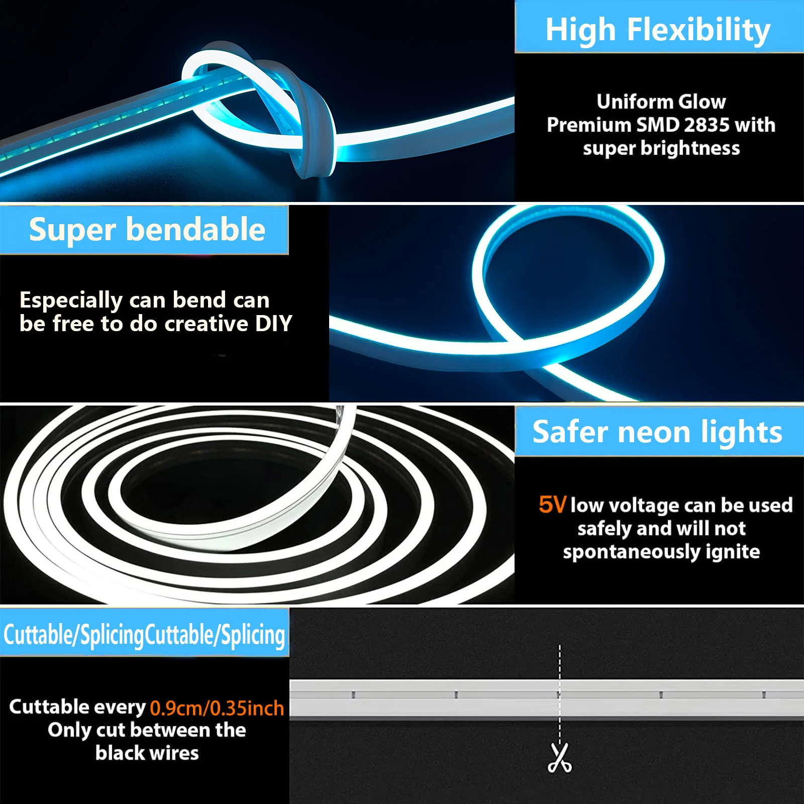 100-500cm/39.3-196.8inch Led Ice Blue Elastyczna neonowa listwa świetlna, niskonapięciowy zasilany z baterii 5v, przełącznik regulacji i sterowania