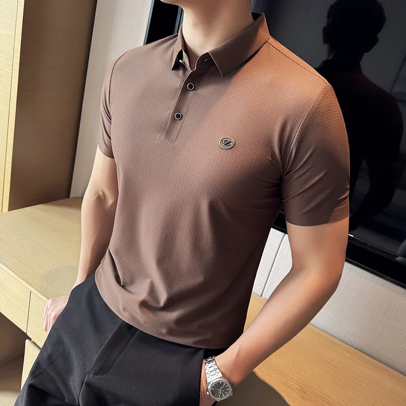 2024 Summer New Product Traceless High Elastic Short sleeved Polo Shirt Ice Silk Thin Embroidered Men's Polo Shirt Short sleeved