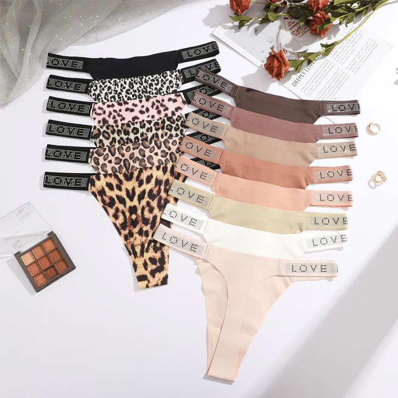 7Pcs/Set Printed Leopard Crystal Letter Thongs For Women Fashion Low Waist Soft Breathable Underpants Female Traceless G-string - Image 2