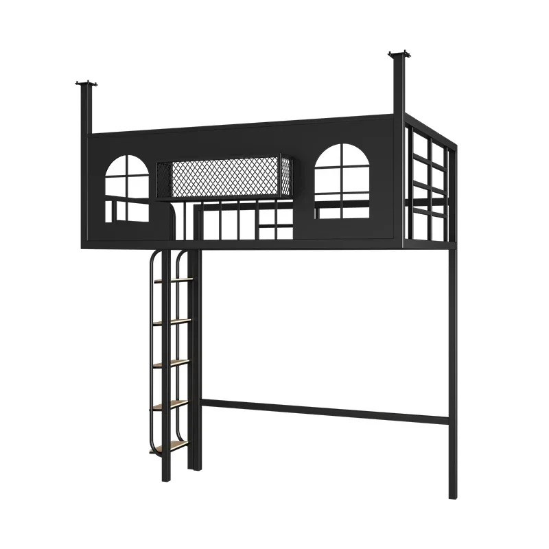 Wrought iron elevated bed loft bed empty hammock under the bed