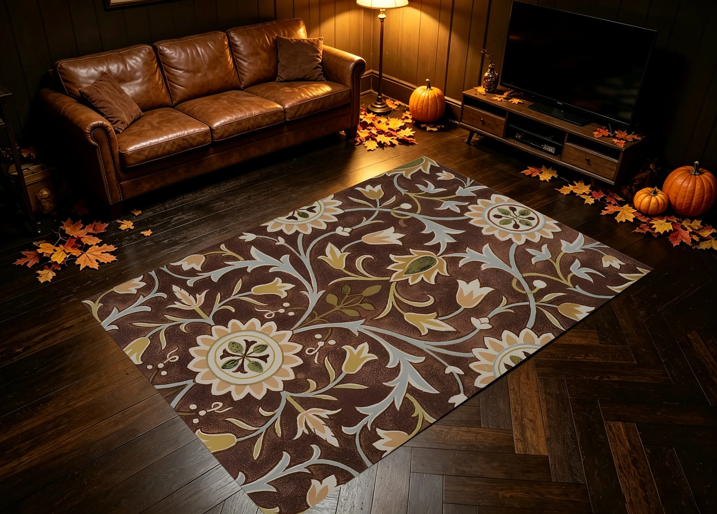 Vintage Intertwined Sunflower Velvet Rug, Elegant Sophisticated Retro Decor for Living Room, Bedroom & Entryway