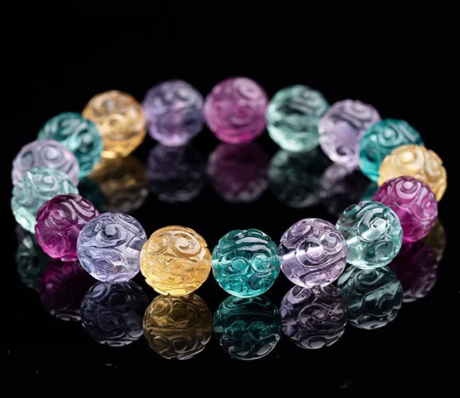 Natural Colorful Fluorite Carved Beads Bracelet 10mm 11mm 12mm Clear Beads Crystal Purple Fluorite 14x14mm Women Men AAAAA