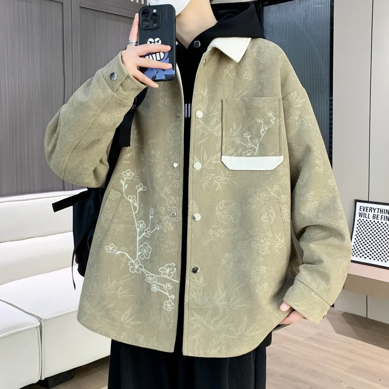 

2024 autumn Men's Printed pattern Classic Fashion Single breasted long jacket Men Windbreaker Casual Large Size High-Quality Fl