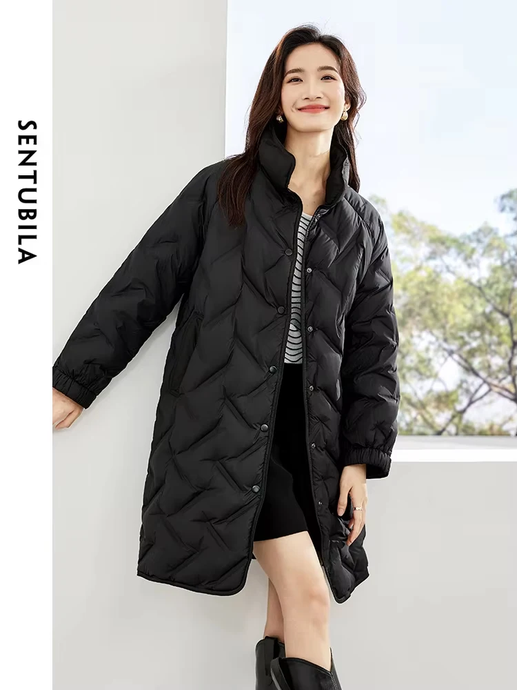 SENTUBILA Classic Mid-Length Down Jacket Women Winter 90 White Duck Down Coats 2024 Stand Collar Warm Puffer Jackets W34Y49562