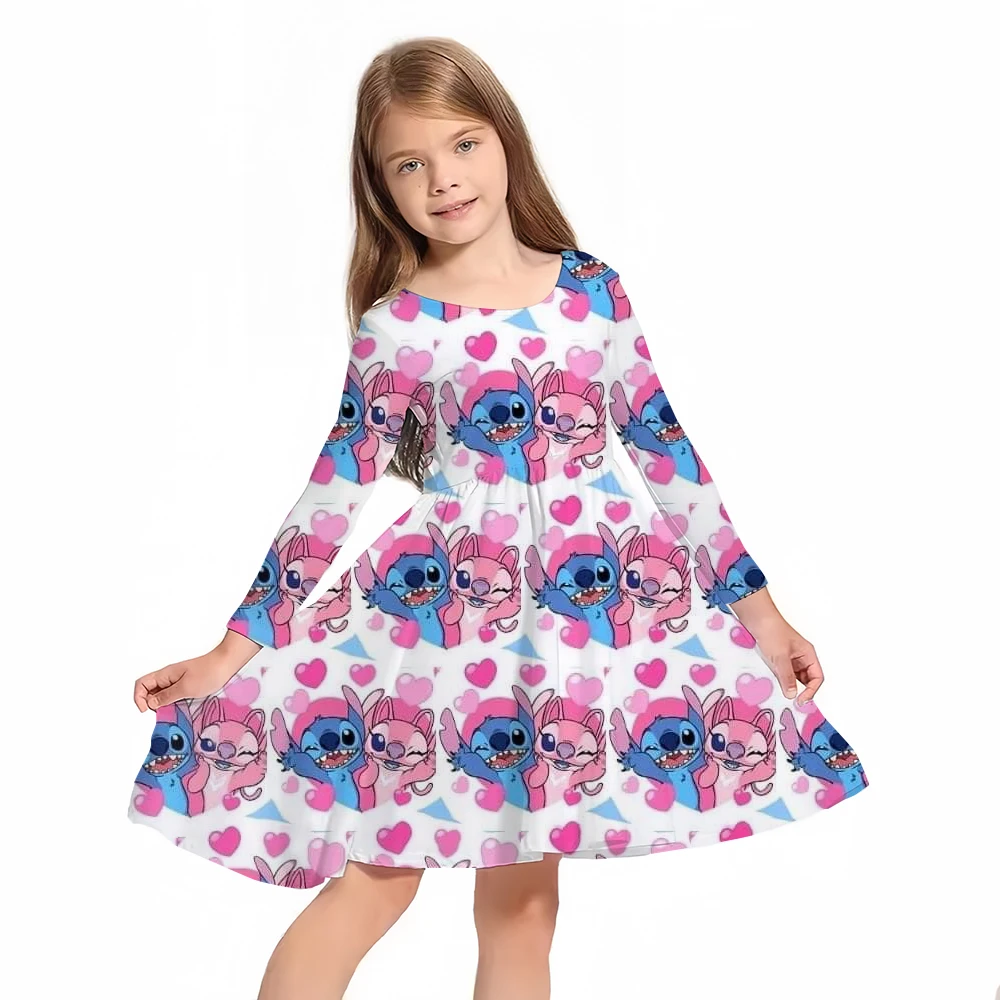 Disney Stitch cartoon print Hot Selling Princess Girls Dresses Fairy Tale Long Sleeve Children's Clothes Party Fashion Kids Froc