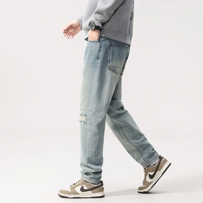 2025 outono masculino americano streetwear jeans-lavado azul solto perna reta angustiado calças jeans com rodinhas todas as estações