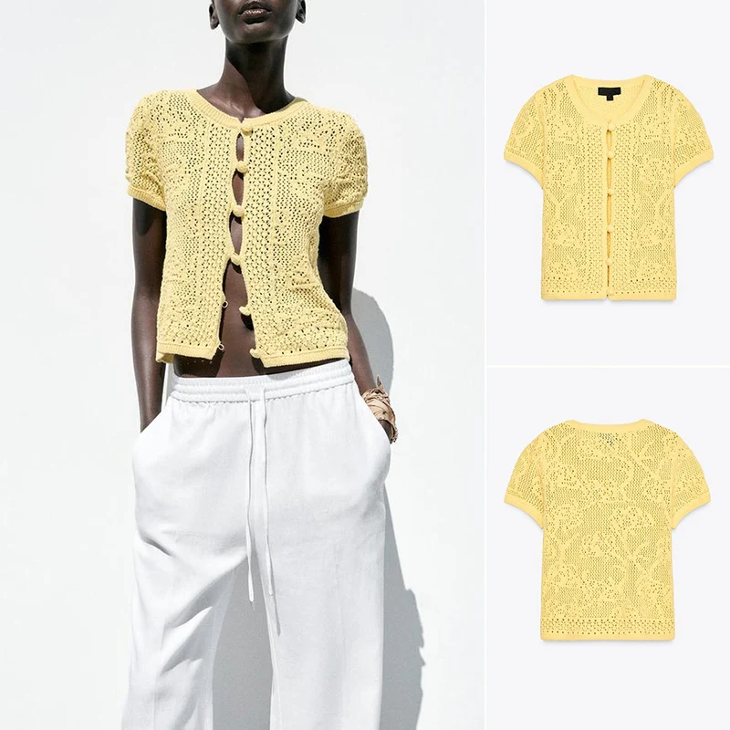 Summer New Women's Knitted Casual round Ne ort Sve Top Polyester Fiber Straight Cut Commute Sle Single Piece